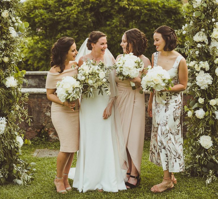 Bridesmaids in Different Blush Dresses | Bride in Karen Willis Holmes Gown | Outdoor Destination Wedding at Villa Regina Teodolinda, Lake Como, Italy | Matt Penberthy Photography