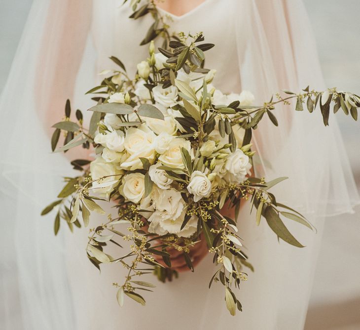 White & Foliage Bouquet | Bride in Karen Willis Holmes Gown | Outdoor Destination Wedding at Villa Regina Teodolinda, Lake Como, Italy | Matt Penberthy Photography