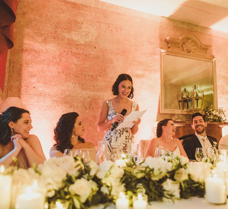 Speeches | Bridesmaid in Floral Dress | Outdoor Destination Wedding at Villa Regina Teodolinda, Lake Como, Italy | Matt Penberthy Photography