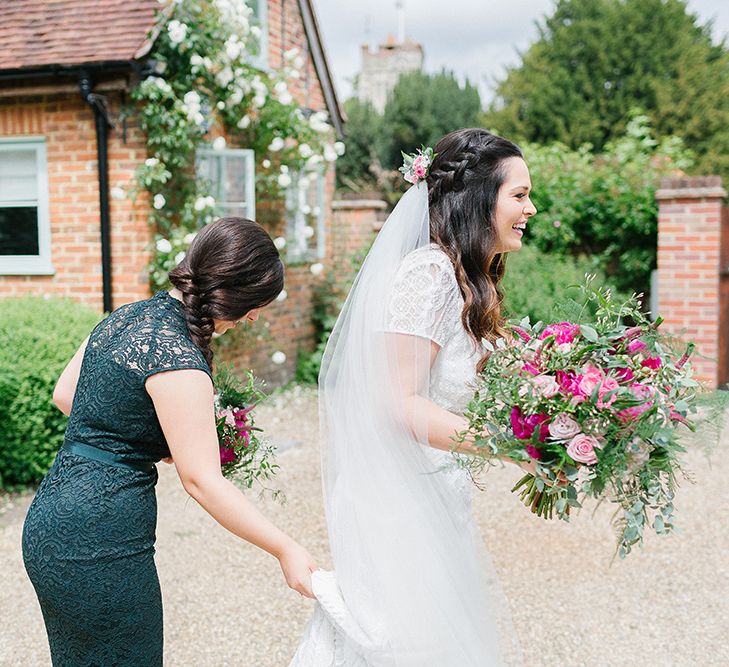 Lillibrooke Manor Wedding With Bright Pink Colour Scheme & Bride In Wtoo by Watters With Bridesmaids In Forest Green Images By Ilaria Petrucci Photography