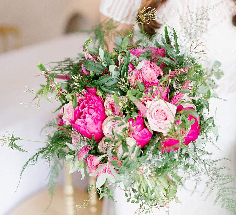 Lillibrooke Manor Wedding With Bright Pink Colour Scheme & Bride In Wtoo by Watters With Bridesmaids In Forest Green Images By Ilaria Petrucci Photography