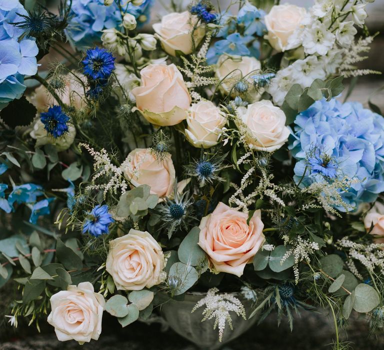 Pastel Blue & Peach Floral Arrangement by A Very Beloved Bloom