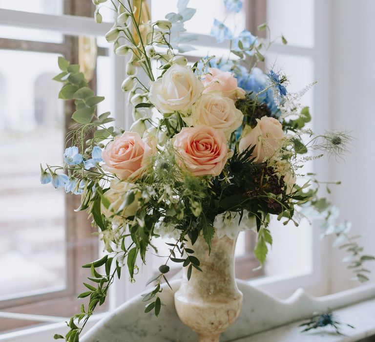 Pastel Blue & Peach Floral Arrangement by A Very Beloved Bloom