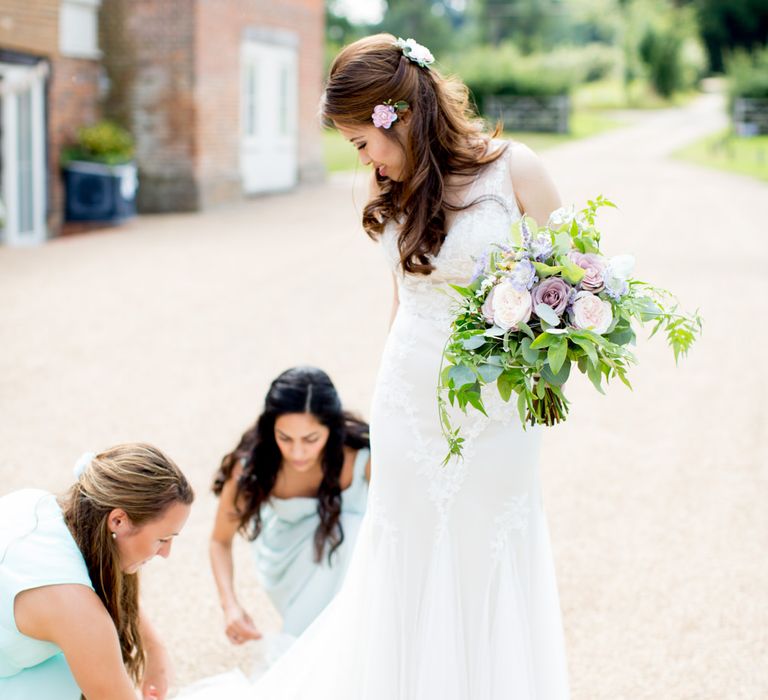 Bride in Pronovias Gown and Bridesmaids in Mis-Match Aqua Dresses