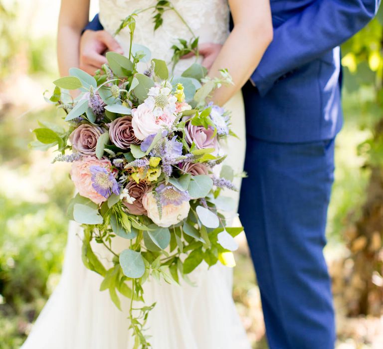 Romantic Darling & Wild Bouquet | Bride in Pronovias Gown & Groom Navy in Kin by John Lewis Suit