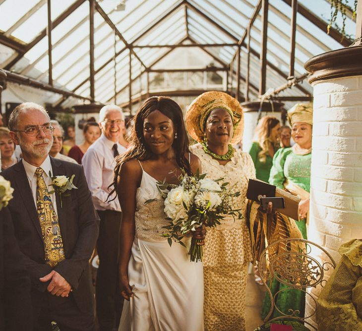 Bride in Custom Made Zoë Boomer Wedding Dress Entrance