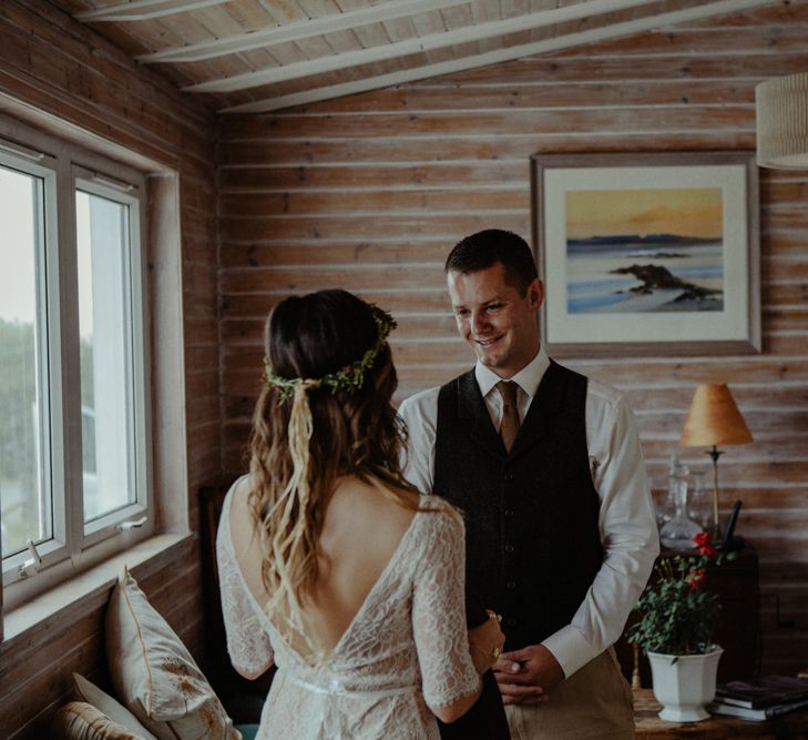 Bride in Sarah Seven Lace Wedding Dress | Groom in Walker Slater | Isle of Sky Elopement Wedding | Wonderful & Strange Photography