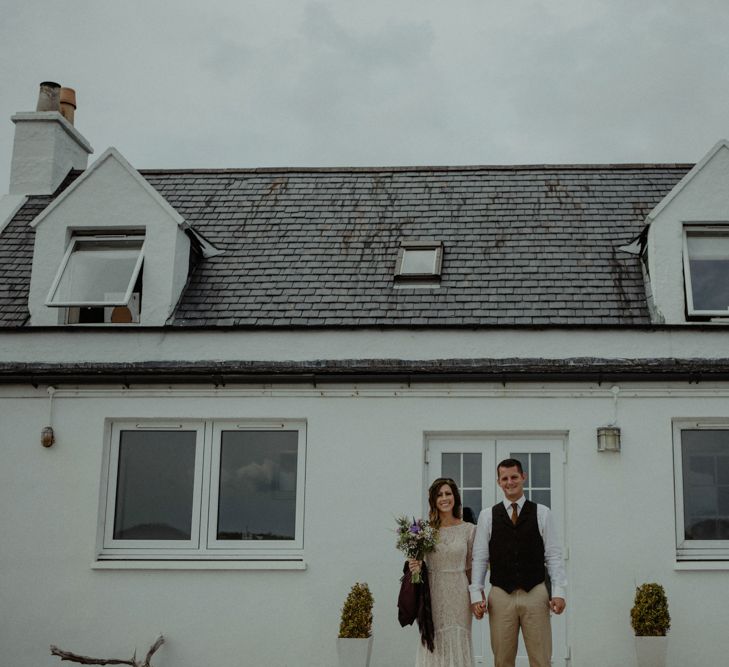 Bride in Sarah Seven Lace Wedding Dress | Groom in Walker Slater | Isle of Sky Elopement Wedding | Wonderful & Strange Photography