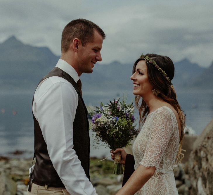 Bride in Sarah Seven Lace Wedding Dress | Groom in Walker Slater | Isle of Sky Elopement Wedding | Wonderful & Strange Photography