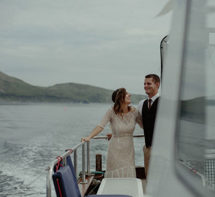 Bride & Groom on Boat Wedding Transport | Isle of Sky Elopement Wedding | Wonderful & Strange Photography