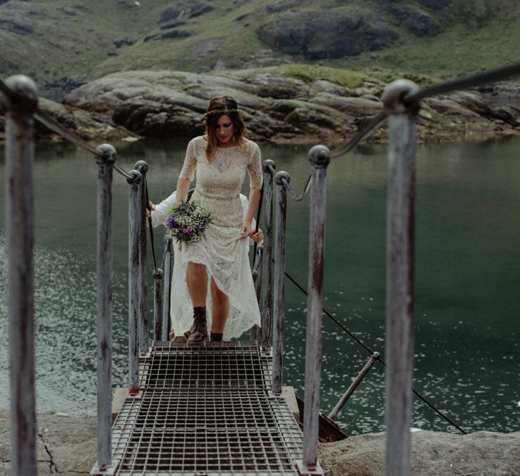 Bride in Sarah Seven Lace Wedding Dress | Isle of Sky Elopement Wedding | Wonderful & Strange Photography