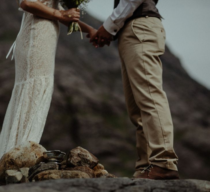 Wedding Ceremony | Bride in Sarah Seven Lace Wedding Dress | Groom in Walker Slater | Isle of Sky Elopement Wedding | Wonderful & Strange Photography