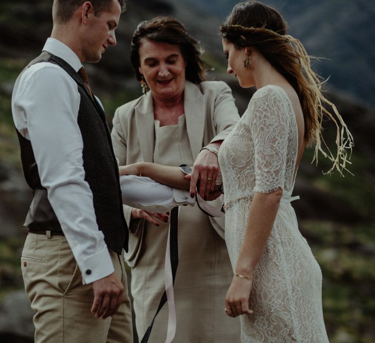 Wedding Ceremony | Bride in Sarah Seven Lace Wedding Dress | Groom in Walker Slater | Isle of Sky Elopement Wedding | Wonderful & Strange Photography