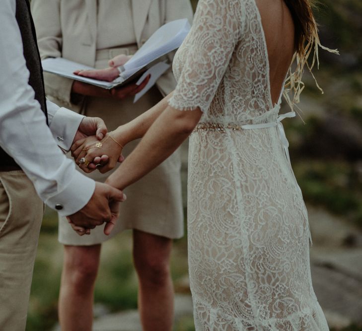 Wedding Ceremony | Bride in Sarah Seven Lace Wedding Dress | Groom in Walker Slater | Isle of Sky Elopement Wedding | Wonderful & Strange Photography