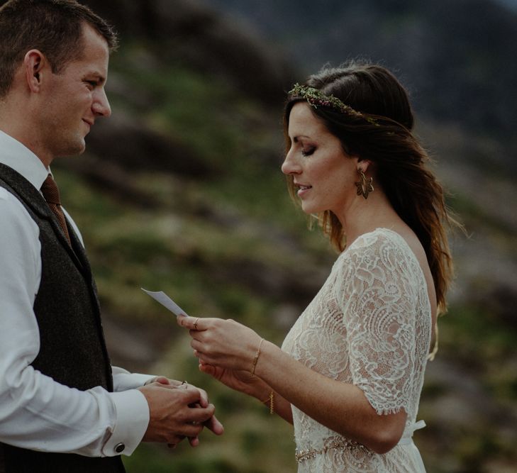 Wedding Ceremony | Bride in Sarah Seven Lace Wedding Dress | Groom in Walker Slater | Isle of Sky Elopement Wedding | Wonderful & Strange Photography