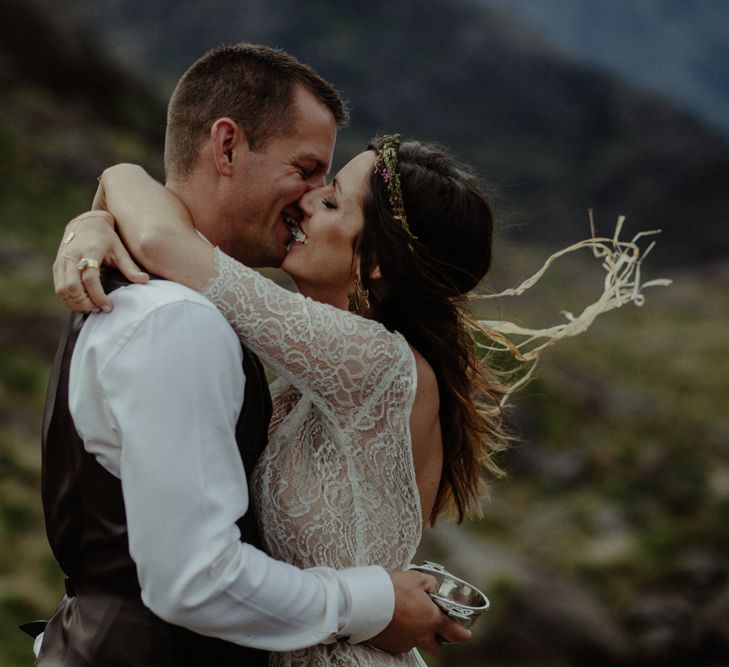 Bride in Sarah Seven Lace Wedding Dress | Groom in Walker Slater | Isle of Sky Elopement Wedding | Wonderful & Strange Photography