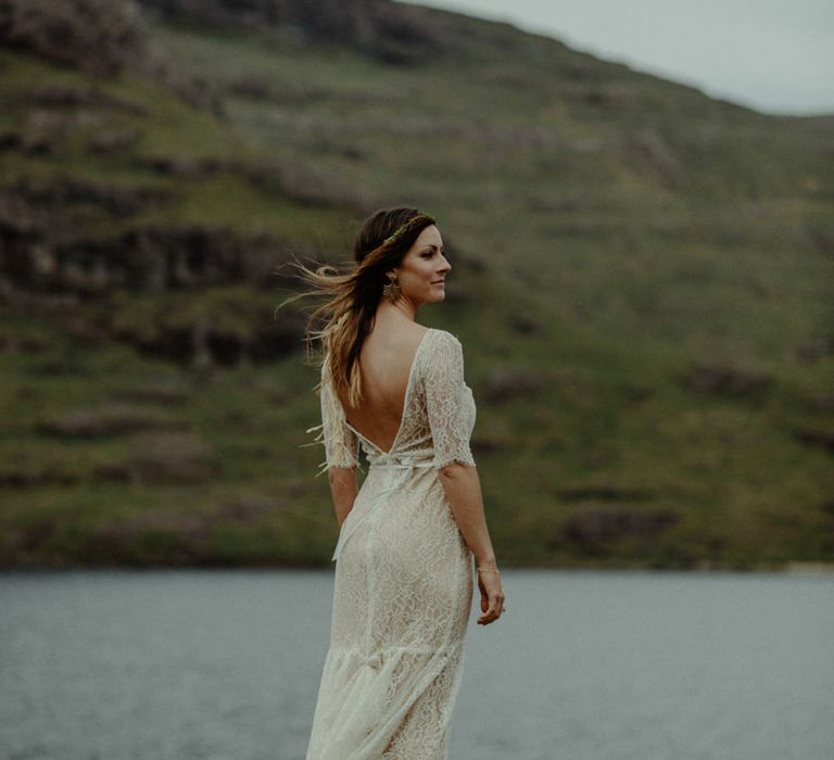 Boho Bride in Sarah Seven Lace Wedding Dress | Isle of Sky Elopement Wedding | Wonderful & Strange Photography