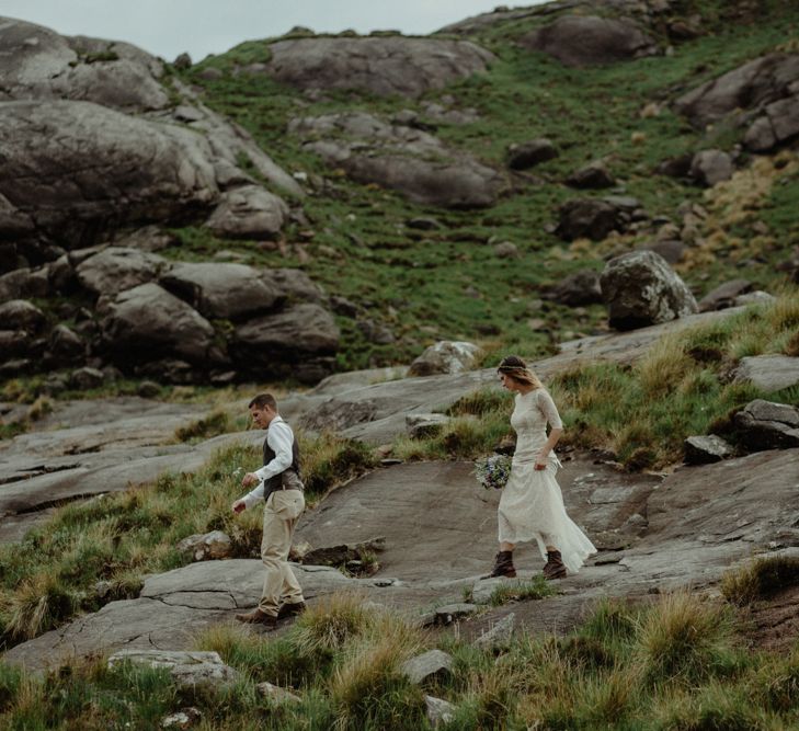 Bride in Sarah Seven Lace Wedding Dress | Groom in Walker Slater | Isle of Sky Elopement Wedding | Wonderful & Strange Photography