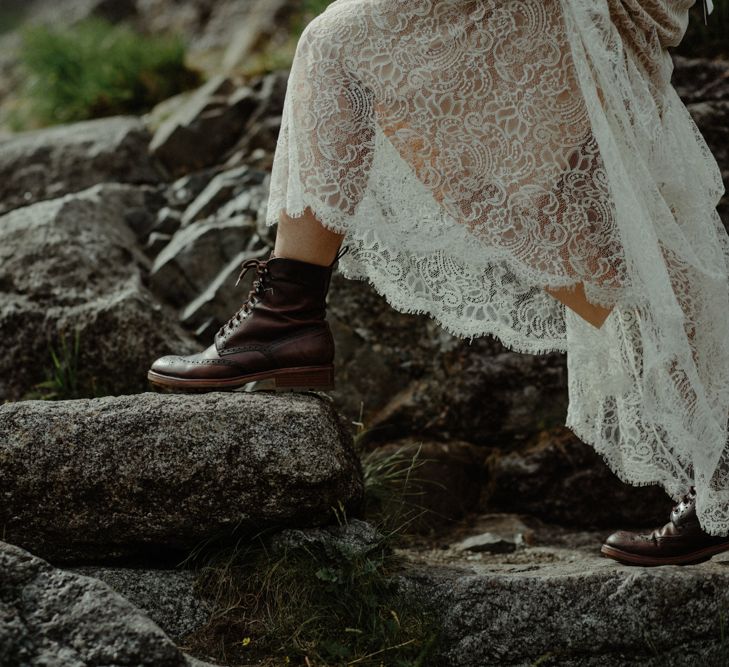 Bride in Sarah Seven Lace Wedding Dress | Groom in Walker Slater | Isle of Sky Elopement Wedding | Wonderful & Strange Photography