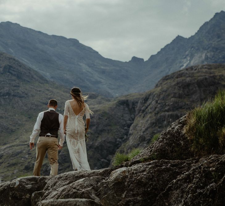 Bride in Sarah Seven Lace Wedding Dress | Groom in Walker Slater | Isle of Sky Elopement Wedding | Wonderful & Strange Photography