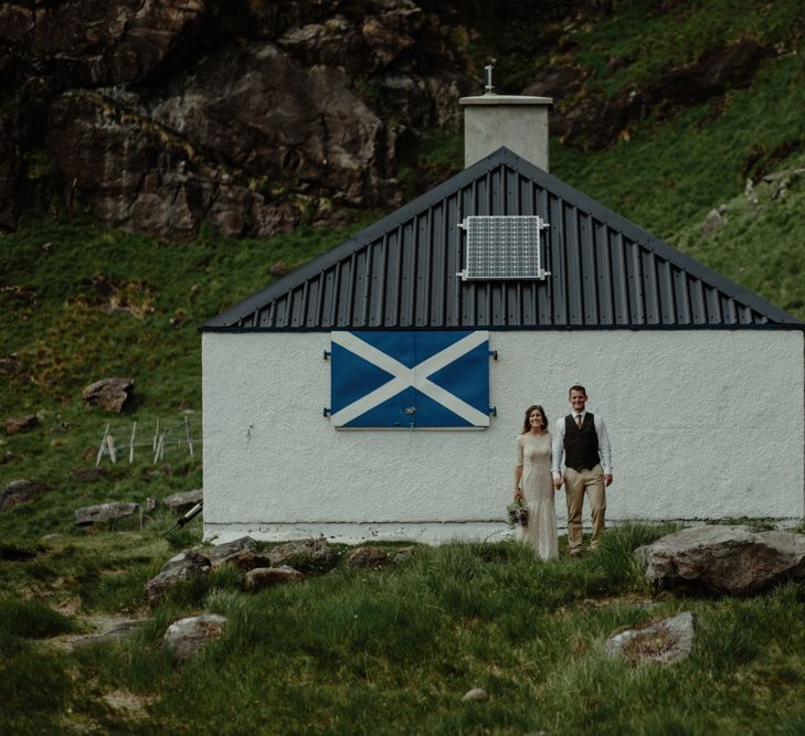 Bride in Sarah Seven Lace Wedding Dress | Groom in Walker Slater | Isle of Sky Elopement Wedding | Wonderful & Strange Photography