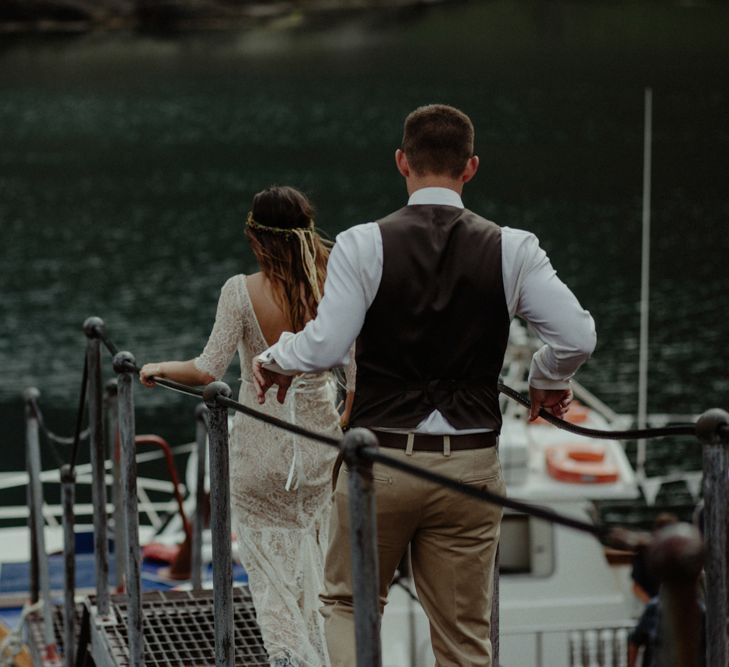 Bride in Sarah Seven Lace Wedding Dress | Groom in Walker Slater | Isle of Sky Elopement Wedding | Wonderful & Strange Photography