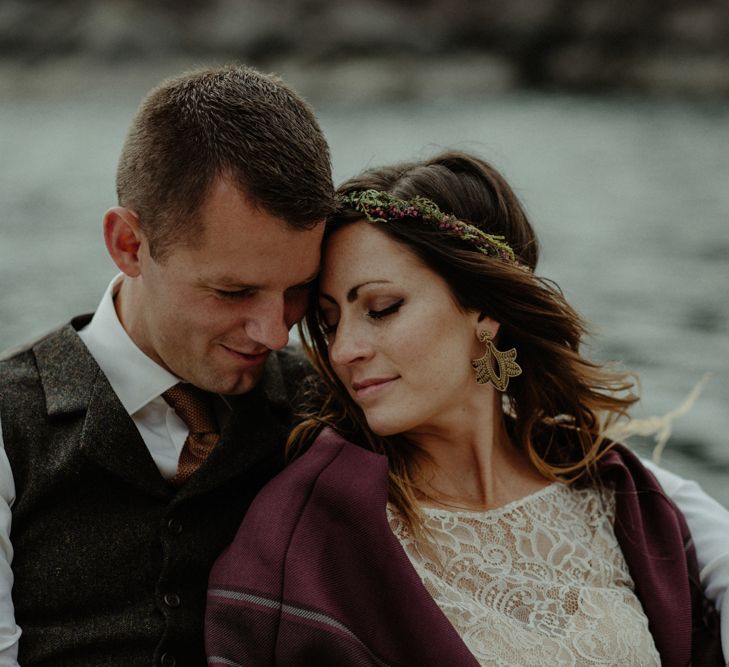 Bride in Sarah Seven Lace Wedding Dress | Groom in Walker Slater | Isle of Sky Elopement Wedding | Wonderful & Strange Photography