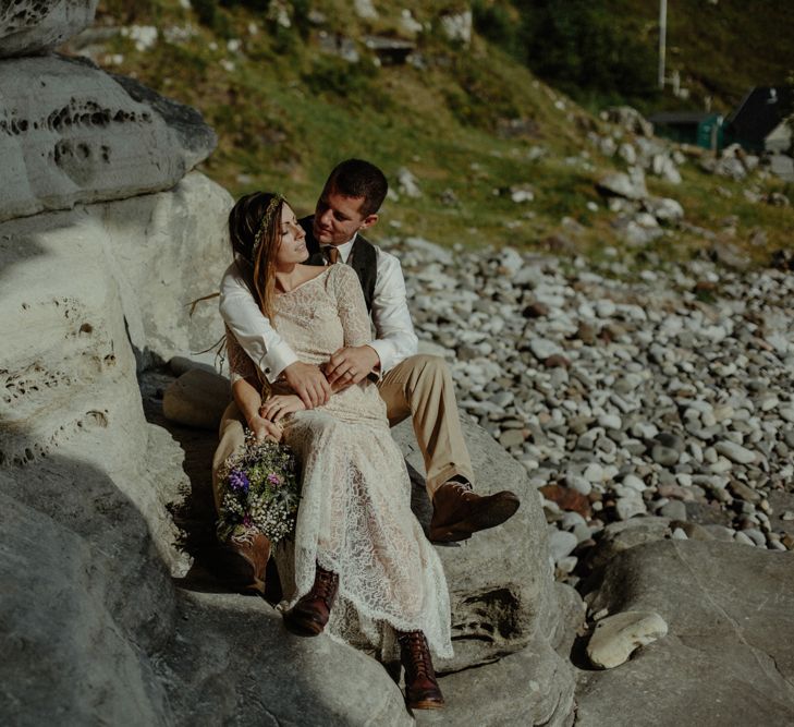 Bride in Sarah Seven Lace Wedding Dress | Groom in Walker Slater | Isle of Sky Elopement Wedding | Wonderful & Strange Photography