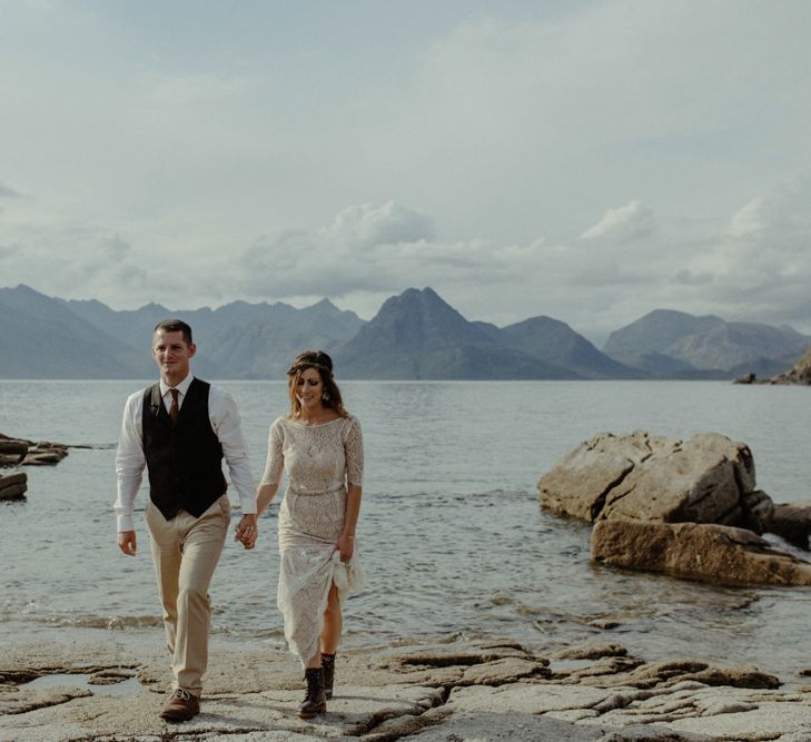 Bride in Sarah Seven Lace Wedding Dress | Groom in Walker Slater | Isle of Sky Elopement Wedding | Wonderful & Strange Photography