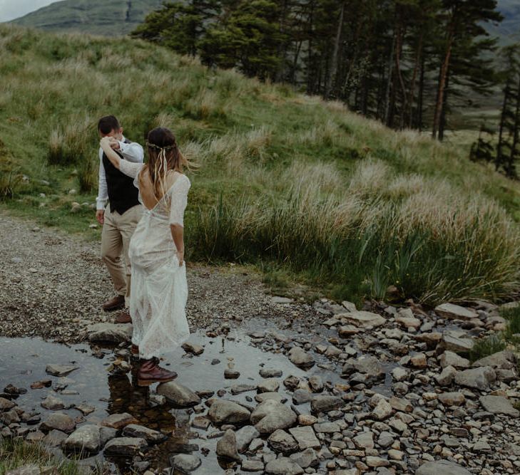 Bride in Sarah Seven Lace Wedding Dress | Groom in Walker Slater | Isle of Sky Elopement Wedding | Wonderful & Strange Photography