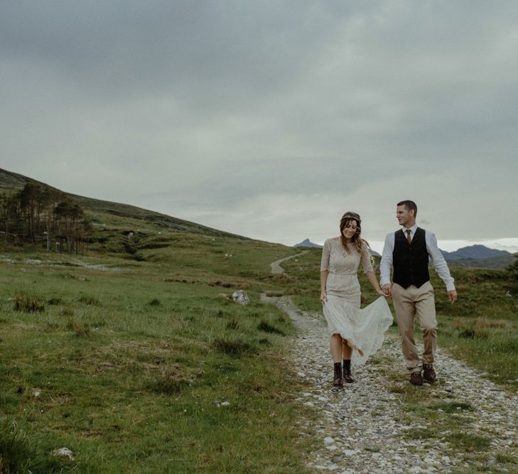 Bride in Sarah Seven Lace Wedding Dress | Groom in Walker Slater | Isle of Sky Elopement Wedding | Wonderful & Strange Photography