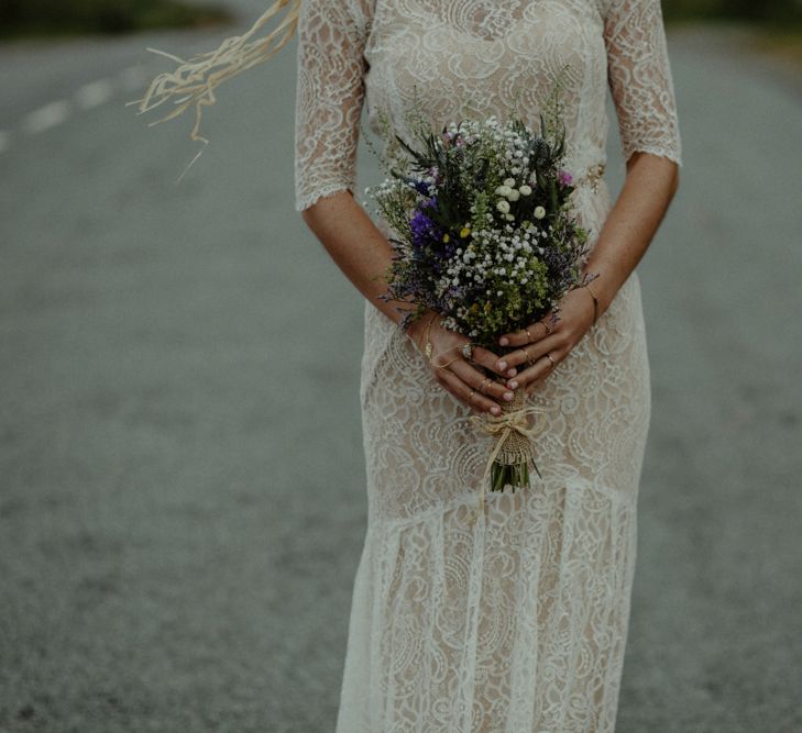 Wild Flower Bouquet | Bride in Sarah Seven Lace Wedding Dress | Isle of Sky Elopement Wedding | Wonderful & Strange Photography