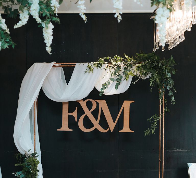 Devonshire Terrace For A Stylish Green &amp; White Wedding With Lots Of Foliage And Elegant Signage With Bride In Bespoke Pronovias And Images From Miss Gen