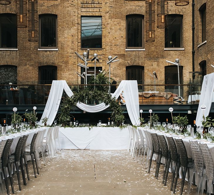 Devonshire Terrace For A Stylish Green &amp; White Wedding With Lots Of Foliage And Elegant Signage With Bride In Bespoke Pronovias And Images From Miss Gen