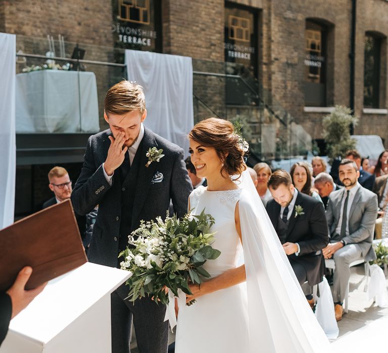 Devonshire Terrace For A Stylish Green &amp; White Wedding With Lots Of Foliage And Elegant Signage With Bride In Bespoke Pronovias And Images From Miss Gen