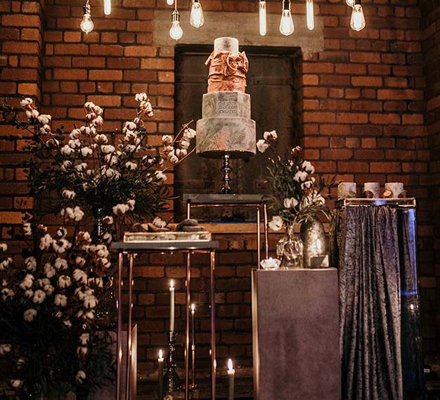 Marble Wedding Cake | Cotton Bud Flowers | Edison Lights | Industrial Wedding Inspiration at Victoria Warehouse in Manchester | Planning & Styling by The Urban Wedding Company | 2 Ducks Galleries