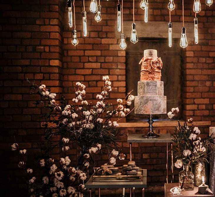 Marble Wedding Cake | Cotton Bud Flowers | Edison Lights | Industrial Wedding Inspiration at Victoria Warehouse in Manchester | Planning & Styling by The Urban Wedding Company | 2 Ducks Galleries