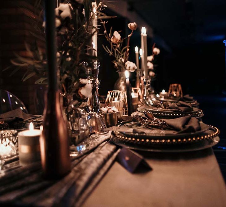 Candle Light Table Scape with Ghost Chairs & Glass Platters | Edison Lights | Industrial Wedding Inspiration at Victoria Warehouse in Manchester | Planning & Styling by The Urban Wedding Company | 2 Ducks Galleries