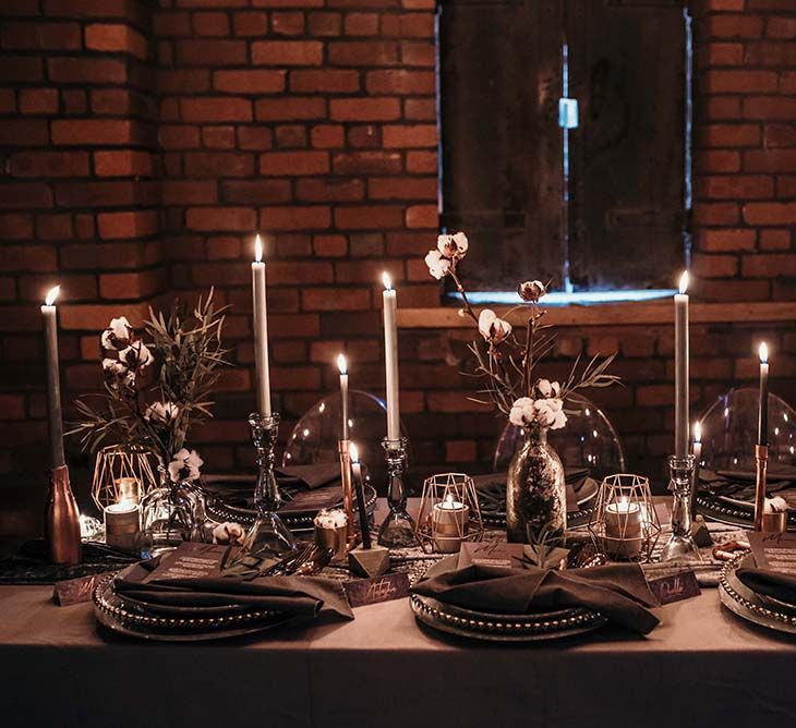 Candle Light Table Scape with Ghost Chairs & Glass Platters | Edison Lights | Industrial Wedding Inspiration at Victoria Warehouse in Manchester | Planning & Styling by The Urban Wedding Company | 2 Ducks Galleries