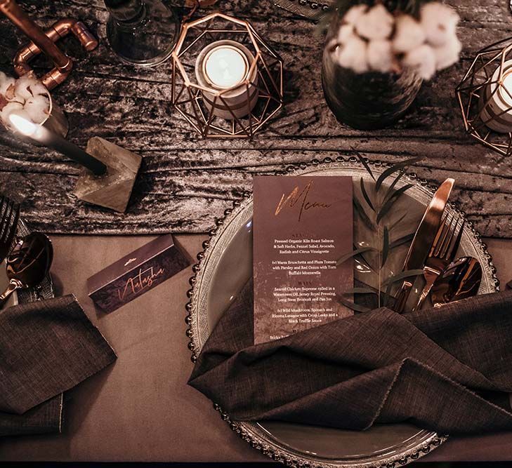 Place Setting | Candle Light Table Scape with Ghost Chairs & Glass Platters | Edison Lights | Industrial Wedding Inspiration at Victoria Warehouse in Manchester | Planning & Styling by The Urban Wedding Company | 2 Ducks Galleries