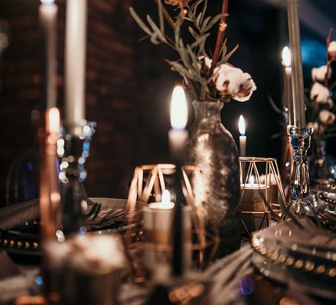 Candle Light Table Scape with Ghost Chairs & Glass Platters | Edison Lights | Industrial Wedding Inspiration at Victoria Warehouse in Manchester | Planning & Styling by The Urban Wedding Company | 2 Ducks Galleries