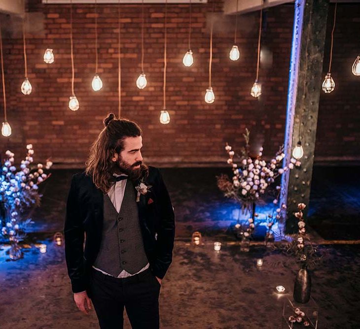 Stylish Bearded Groom | Edison Lights | Industrial Wedding Inspiration at Victoria Warehouse in Manchester | Planning & Styling by The Urban Wedding Company | 2 Ducks Galleries