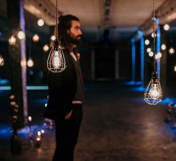 Stylish Bearded Groom | Edison Lights | Industrial Wedding Inspiration at Victoria Warehouse in Manchester | Planning & Styling by The Urban Wedding Company | 2 Ducks Galleries