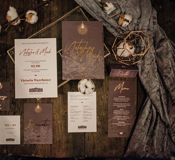 Frain & Grain Gold Foil Wedding Stationery | Industrial Wedding Inspiration at Victoria Warehouse in Manchester | Planning & Styling by The Urban Wedding Company | 2 Ducks Galleries