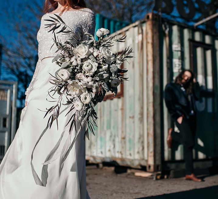 White Rose & Cotton bud Bouquet | Stylish Bride & Groom | Industrial Wedding Inspiration at Victoria Warehouse in Manchester | Planning & Styling by The Urban Wedding Company | 2 Ducks Galleries