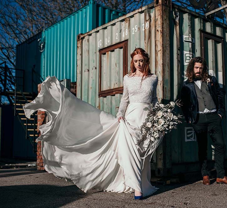 White Rose & Cotton bud Bouquet | Stylish Bride & Groom | Industrial Wedding Inspiration at Victoria Warehouse in Manchester | Planning & Styling by The Urban Wedding Company | 2 Ducks Galleries