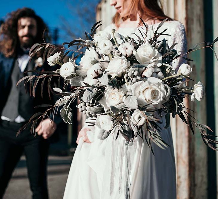 White Rose & Cotton bud Bouquet | Stylish Bride & Groom | Industrial Wedding Inspiration at Victoria Warehouse in Manchester | Planning & Styling by The Urban Wedding Company | 2 Ducks Galleries