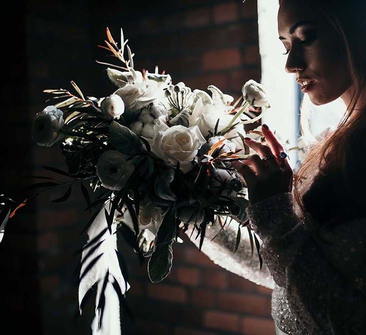 Stylish Bride | White Rose & Cotton Bud Bouquet | Industrial Wedding Inspiration at Victoria Warehouse in Manchester | Planning & Styling by The Urban Wedding Company | 2 Ducks Galleries