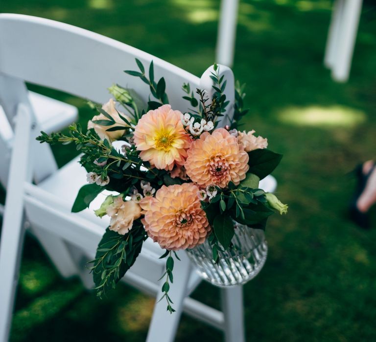 Dahlia Aisle Chair Decor | Outdoor Ceremony & Rustic Wedding at Patricks Barn, Sussex | Dale Weeks Photography | Love Filmed