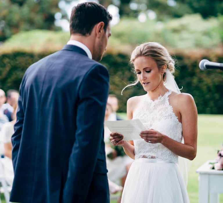 Outdoor Wedding Ceremony | Bride in Watters Peyton Top & Gracia Skirt Bridal Separates | Groom in Next Suit | Rustic Wedding at Patricks Barn, Sussex | Dale Weeks Photography | Love Filmed